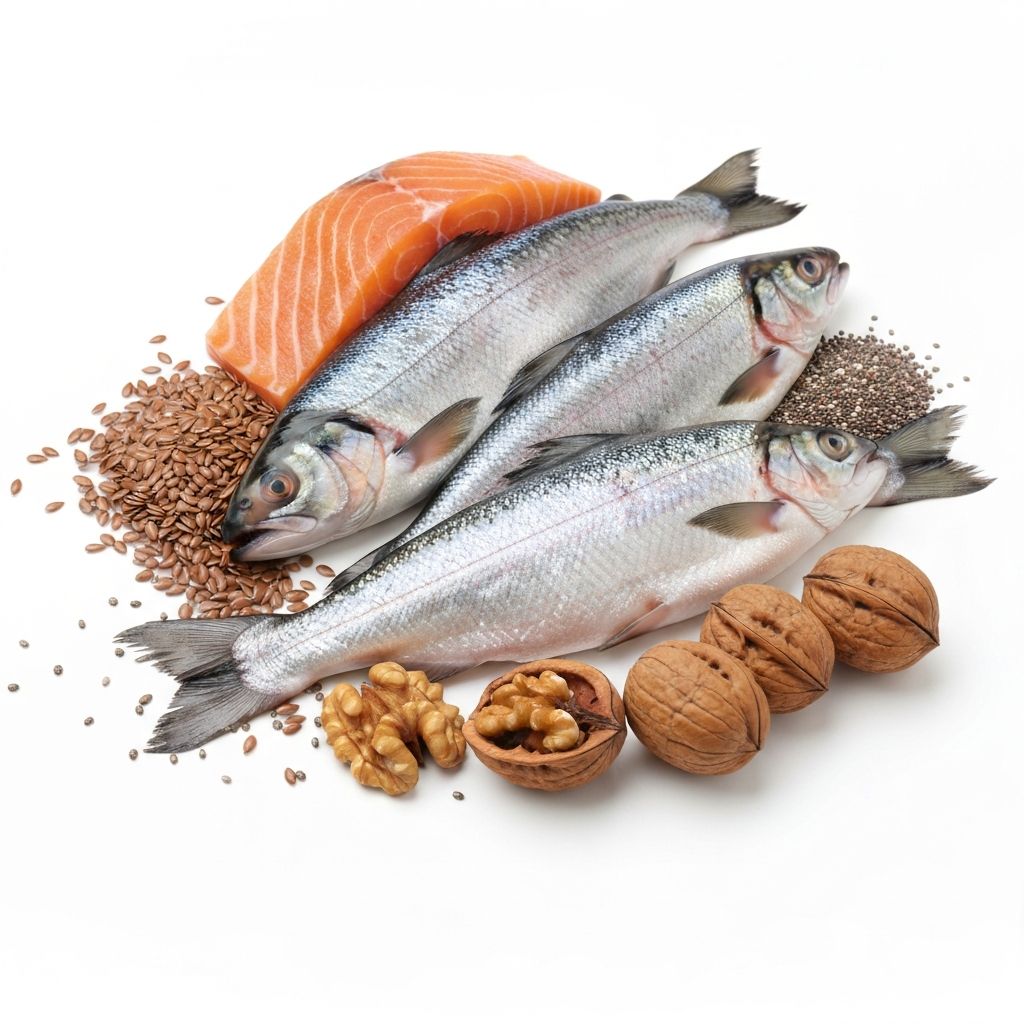 Omega-3 rich foods including fish, nuts, and seeds